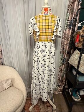 Glamorous Yellow Plaid and White Floral Maxi Dress